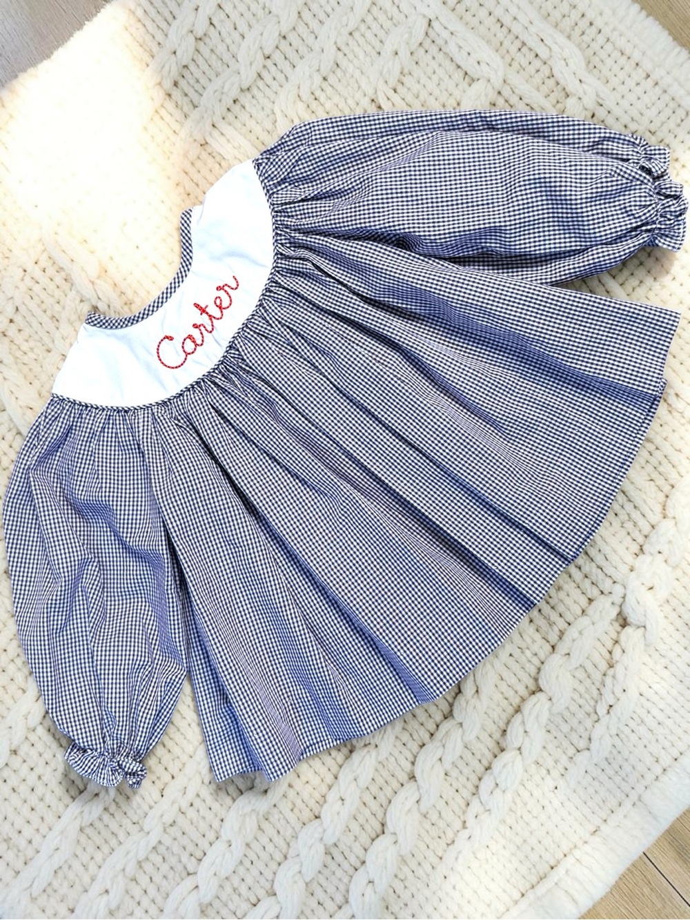 Tricia Girls 12M Hand Smocked Carter Bishop Sleeve Gingham Dress Navy Blue